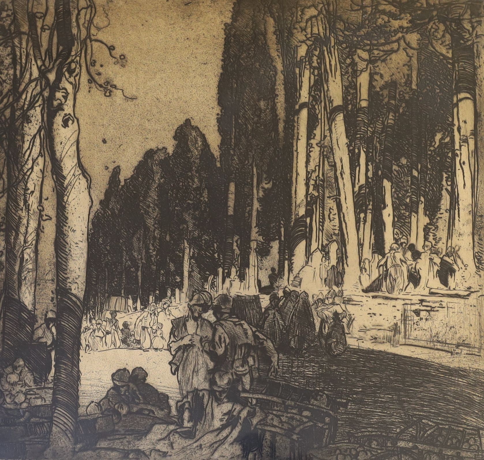 Frank Brangwyn (1867-1956), etching, Figures on a tree lined road, signed in pencil, 45 x 48cm